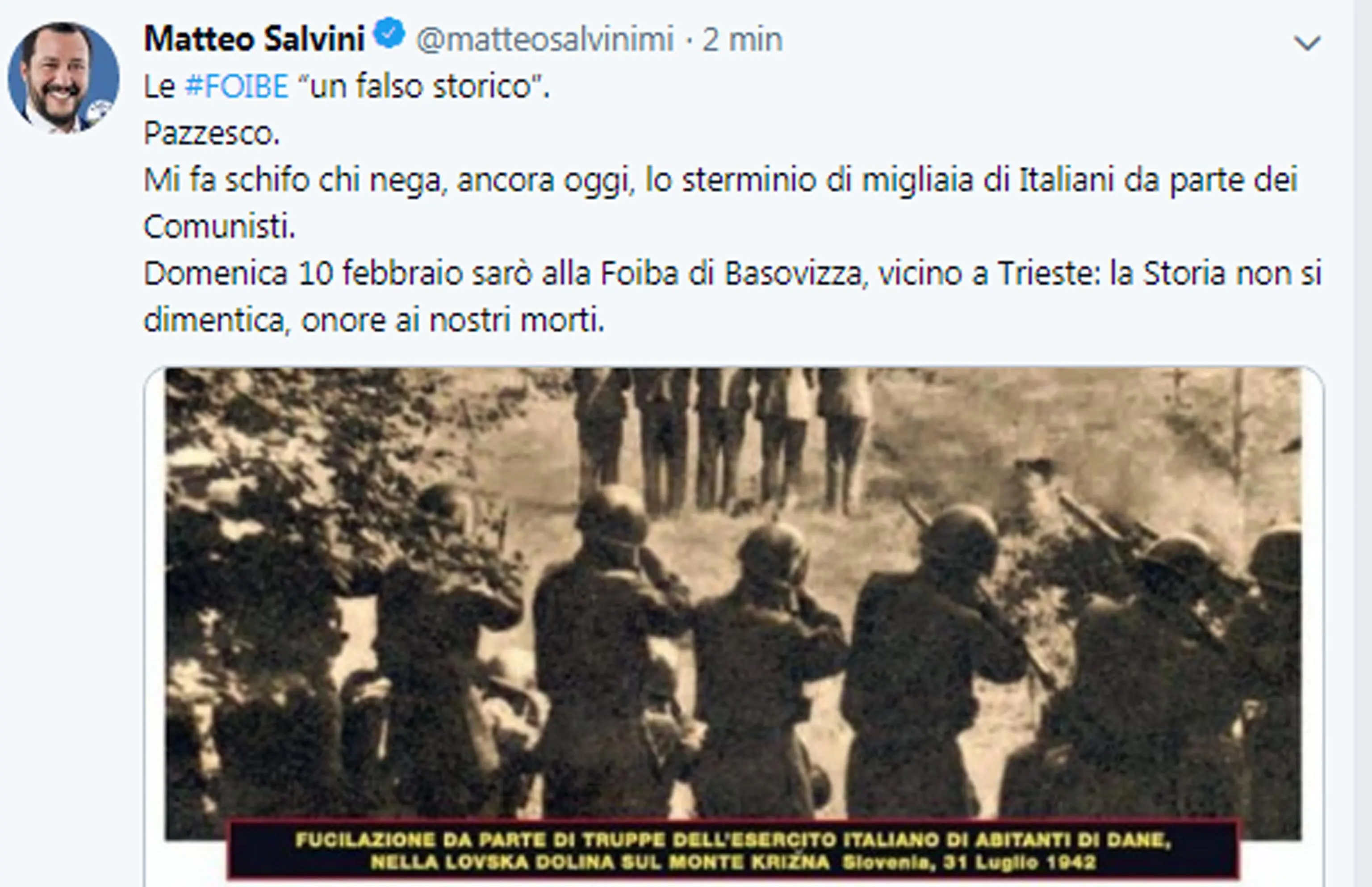 Il post pubblicato su Twitter da Matteo Salvini con il quale il vicepremier e ministro dell'Interno torna sulle polemiche per il convegno organizzato sulle Foibe dall'Anpi il 10 febbraio a Parma. PROFILO TWITTER MATTEO SALVINI +++ATTENZIONE LA FOTO NON PUO' ESSERE PUBBLICATA O RIPRODOTTA SENZA L'AUTORIZZAZIONE DELLA FONTE DI ORIGINE CUI SI RINVIA+++ ++HO ? NO SALES EDITORIAL USE ONLY++