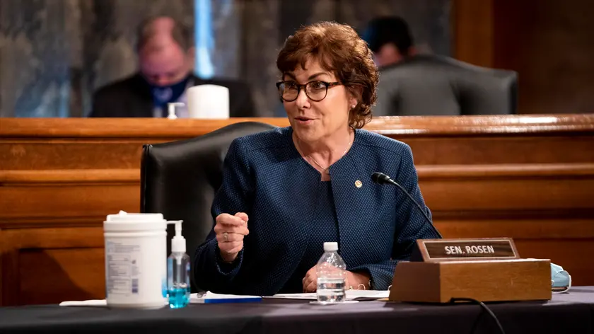 epa09479758 Sen. Jacky Rosen (D-Nev.) during a Senate Homeland Security and Governmental Affairs hearing to discuss security threats 20 years after the 9/11 terrorist attacks at the U.S. Capitol in Washington, D.C., USA, 21 September 2021. EPA/GREG NASH / POOL