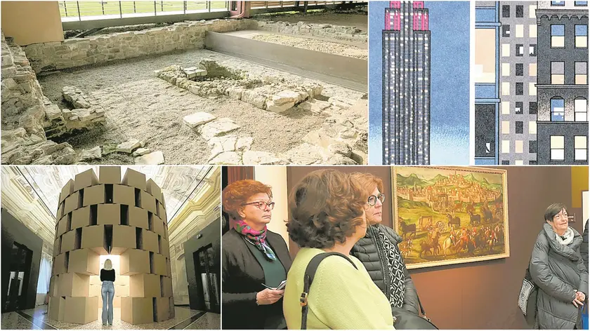 Da sinistra in alto, la Domus di Tito Macro ad Aquileia e alcune delle tavole al Paff alla mostra di Chris Ware; sotto, uno dei lavori di Zimoun esposti a Villa Manin di Passariano e la rassegna Pittori del Settecento tra Venezia e impero al Castello di Udine