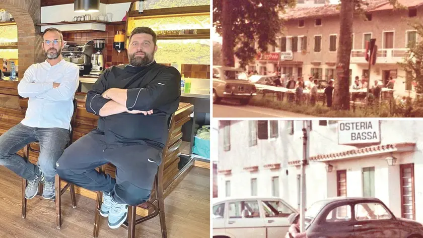 I titolari Davide Viezzoli e Diego Fagotti davanti al rinnovato bancone del bar. A destra, due immagini storiche dell’Osteria La Bassa di viale Grigoletti risalenti agli anni Settanta