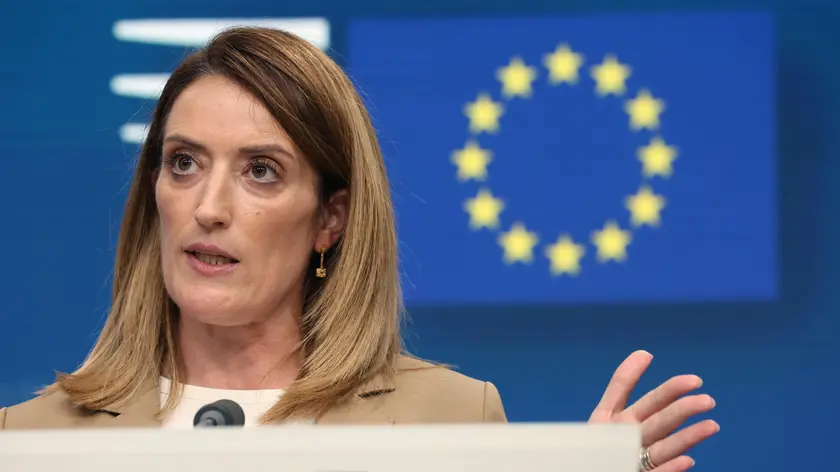 epa11441584 President of the European Parliament Roberta Metsola attends a press conference during a European Council in Brussels, Belgium, 27 June 2024. EU leaders are gathering in Brussels for a two-day summit to discuss the Strategic Agenda 2024-2029, the next institutional cycle, Ukraine, the Middle East, competitiveness, security and defense, among other topics. EPA/OLIVIER HOSLET
