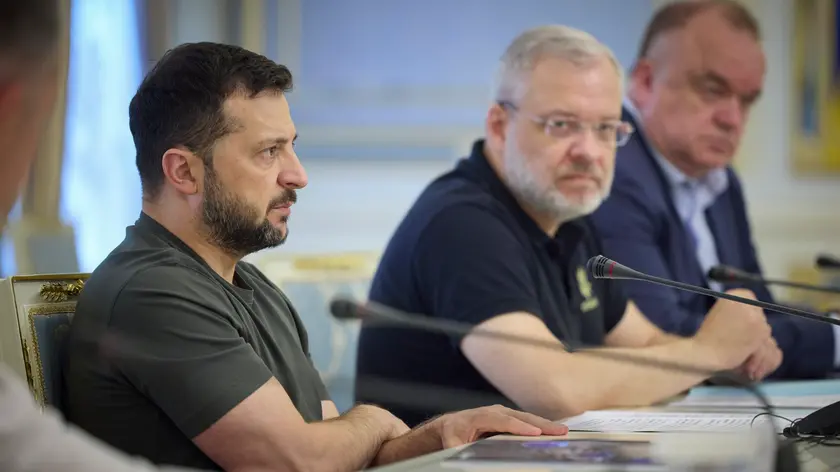 epa11582726 Ukrainian President Volodymyr Zelensky (L) meets with International Atomic Energy Agency (IAEA) Director General Rafael Grossi (unseen) in Kyiv, Ukraine, 03 September 2024, before the Grossi visit to the Zaporizhzhia NPP on the Russia controlled territory. Rafael Grossi and his team arrived to Ukraine attend the work of the IAEA monitoring mission at the Zaporizhzhia NPP. EPA/PRESIDENTIAL PRESS SERVICE HANDOUT HANDOUT EDITORIAL USE ONLY/NO SALES