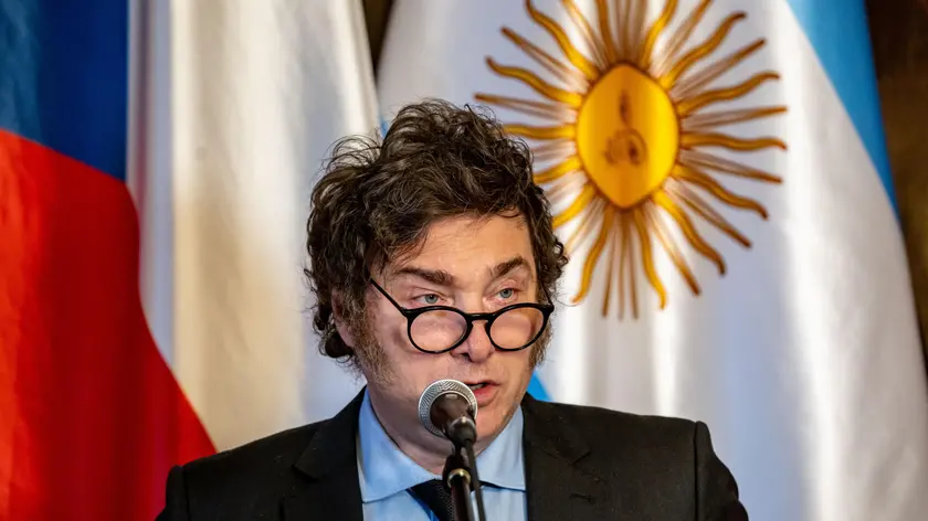 epa11435054 Argentina's President Javier Milei talks to media at a press conference after meeting with Czech President Petr Pavel (not pictured) at Prague Castle, in Prague, Czech Republic, 24 June 2024. Argentine President is on a visit to Czech Republic. EPA/MARTIN DIVISEK