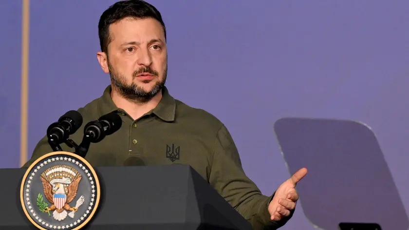 Ukrainian President Volodymyr Zelensky holds a join press conference with US President Joe Biden (not pictured) after the sign of a bilateral security agreement on the sidelines of the G7 summit in Savelletri (Brindisi), southern Italy, 13 June 2024. ANSA/ETTORE FERRARI