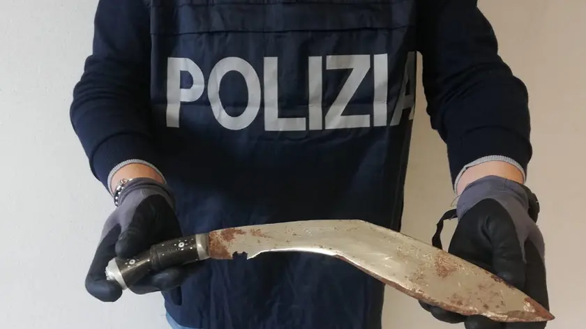 Un'immagine del machete utilizzato durante l'aggressione, avvenuta il 15 luglio in strada a Modena, ai danni di un 22enne del Burkina Faso, per cui sono stati arrestati padre e due figli, tutti italiani, di 53, 30 e 24 anni, 21 ottobre 2020. ANSA/ POLIZIA DI STATO +++ ANSA PROVIDES ACCESS TO THIS HANDOUT PHOTO TO BE USED SOLELY TO ILLUSTRATE NEWS REPORTING OR COMMENTARY ON THE FACTS OR EVENTS DEPICTED IN THIS IMAGE; NO ARCHIVING; NO LICENSING +++