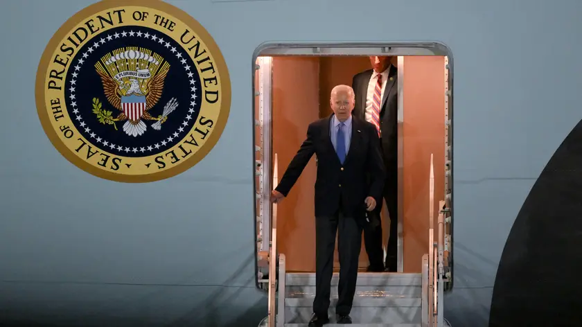 US President Joe Biden arrives at the Brindisi airport ahead of the G7 Summit in Borgo Egnazia (Brindisi), southern Italy, 12 June 2024. The G7 Borgo Egnazia Summit will be held from 13 to 15 June 2024. ANSA/ETTORE FERRARI