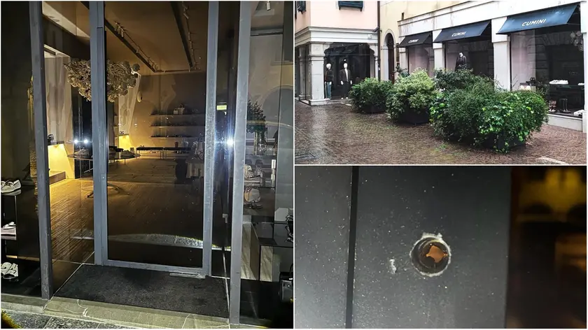 Il negozio preso di mira dai ladri e, in basso, il particolare di una serratura danneggiata