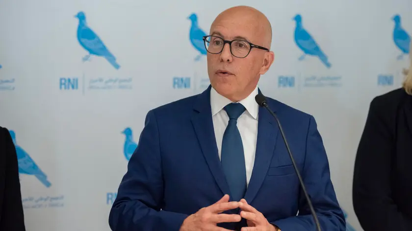 epa10608423 Eric Ciotti, leader of the French Republican Party speaks during his meeting with Aziz Akhannouch, leader of the Morocco's National Rally of Independents (RNI), in Rabat, Morocco, 04 May 2023. EPA/JALAL MORCHIDI