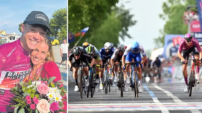 Jonathan con la sua Samira; a destra la volata di Caorle (a destra il friulano in maglia ciclamino)