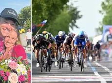 Jonathan con la sua Samira; a destra la volata di Caorle (a destra il friulano in maglia ciclamino)