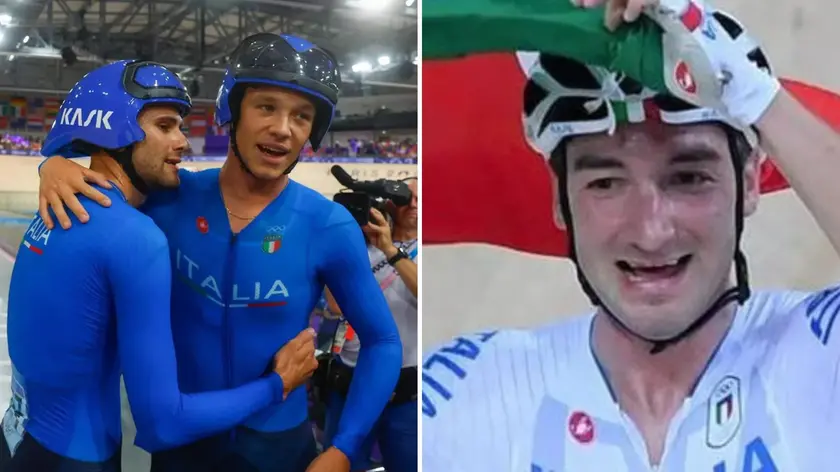 Filippo Ganna, a sinistra, abbraccia il friulano Jonathan Milan, a destra Elia Viviani