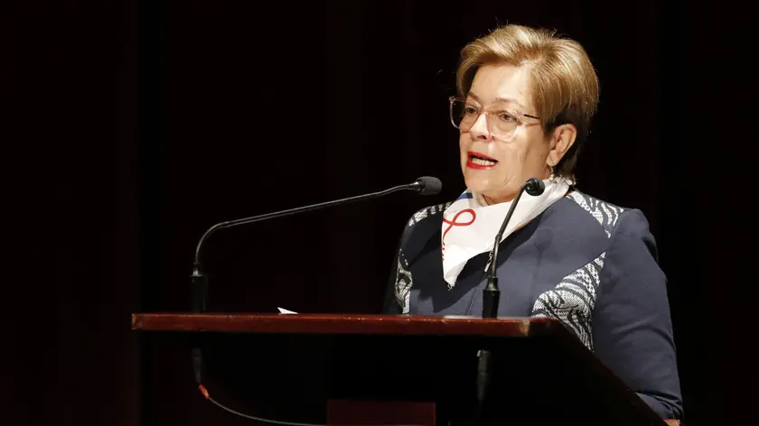 epa10326085 Colombian Minister of Labor Gloria Ines Ramirez speaks during the commemoration of the six years since the signing of the Peace Agreement between the Colombian Government and the FARC guerrillas, at the Teatro Colon in Bogota, Colombia, 24 November 2022. Colombia celebrated the six years since the Peace Agreement between the Government and the FARC guerrillas was signed with a cultural event. EPA/CARLOS ORTEGA