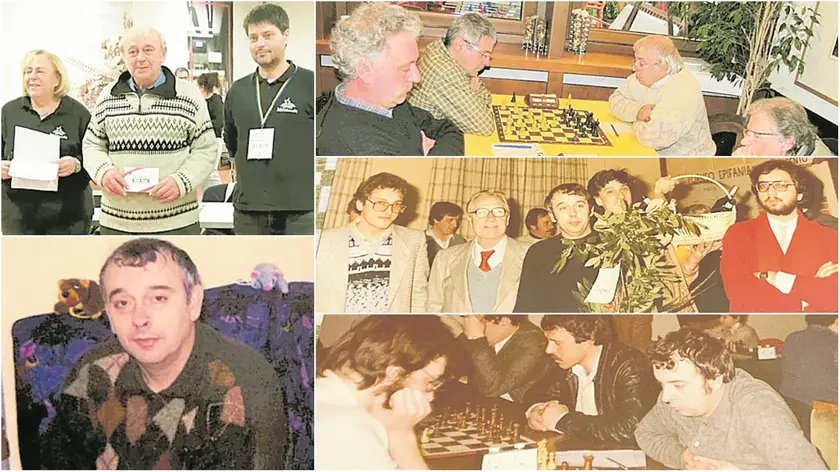 In alto, Pagnutti (al centro) premiato dopo la recente vittoria a Martignacco e in un primo piano di qualche anno fa. A lato, il maestro alla scacchiera e in una premiazione di un vecchio torneo