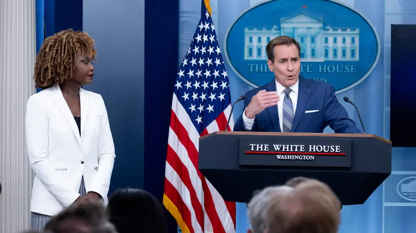 epa11418656 White House National Security Communications Advisor John Kirby (R) and White House Press Secretary Karine Jean-Pierre (L) participate in a news conference during which Kirby discussed NATO's support of Ukraine, in the James Brady Press Briefing Room of the White House in Washington, DC, USA, 17 June 2024. US President Biden meets with NATO Secretary General Stoltenberg on 17 June to discuss regional security issues. EPA/MICHAEL REYNOLDS