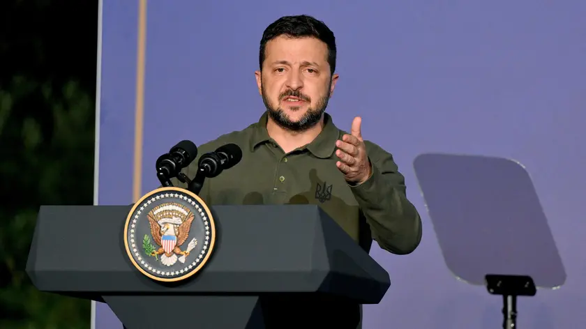 Ukrainian President Volodymyr Zelensky holds a join press conference with US President Joe Biden (not pictured) after the sign of a bilateral security agreement on the sidelines of the G7 summit in Savelletri (Brindisi), southern Italy, 13 June 2024. ANSA/ETTORE FERRARI