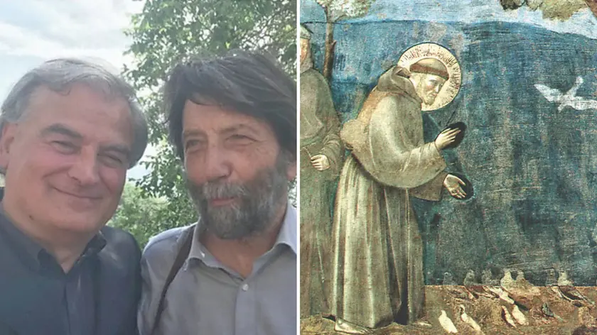 Il flautista Roberto Fabbriciani e il filosofo Massimo Cacciari; a destra Predica agli uccelli di Giotto, un celebre dipinto della figura del santo protettore d'Italia