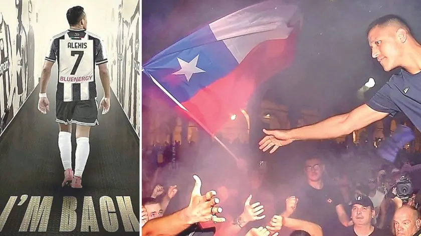 L'immagine postata sui social ("Sono tornato") e, a destra, Alexis Sanchez durante la presentazione dell'Udinese