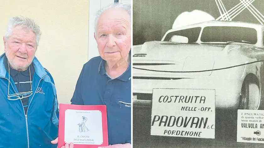 Luigi e Alberto Padovan a sinistra; La presentazione dell’auto sportiva alla terza edizione della Fiera Campionaria di Pordenone nel 1949, a destra