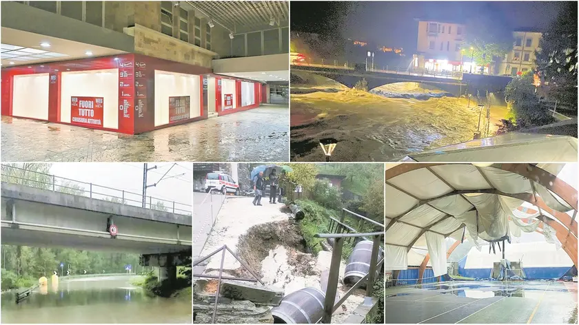 Da sinistra in alto, la Galleria Antivari a Udine allagata e il Torre ingrossato a Tarcento, che ha raggiunto in serata il livello di guardia nell’area di via Morgante. Sotto, l’allagamento di un sottopasso ad Artegna, la strada che ha ceduto ed è stata chiusa a Coia di Tarcento e l’impianto comunale di Tarcento che è stato scoperchiato e allagato in via Pascoli