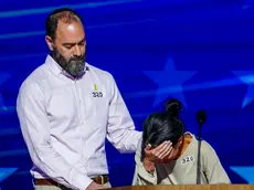 epa11558730 Jon Polin and Rachel Goldberg, parents of Hammas hostage Hersh Goldberg-Polin, deliver remarks during the third night of the Democratic National Convention (DNC) at the United Center in Chicago, Illinois, USA, 21 August 2024. The 2024 Democratic National Convention is being held from 19 to 22 August 2024, during which delegates of the United States' Democratic Party will vote on the party's platform and ceremonially vote for the party's nominee for president, Vice President Kamala Harris, and for vice president, Governor Tim Walz of Minnesota, for the upcoming presidential election. EPA/WILL OLIVER