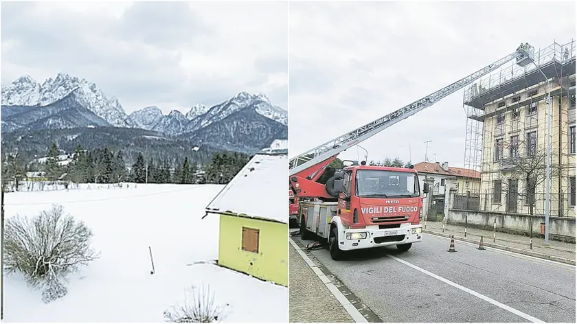 La neve scesa a Tarvisio e l’intervento dei vigili del fuoco per la messa in sicurezza del tetto della primaria Zorutti