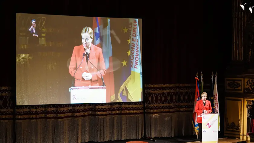 L'intervento della premier Giorgia Meloni alla seconda edizione del Festival L'Italia delle Regioni, al Teatro Carignano di Torino, 3 ottobre 2023 ANSA/JESSICA PASQUALON