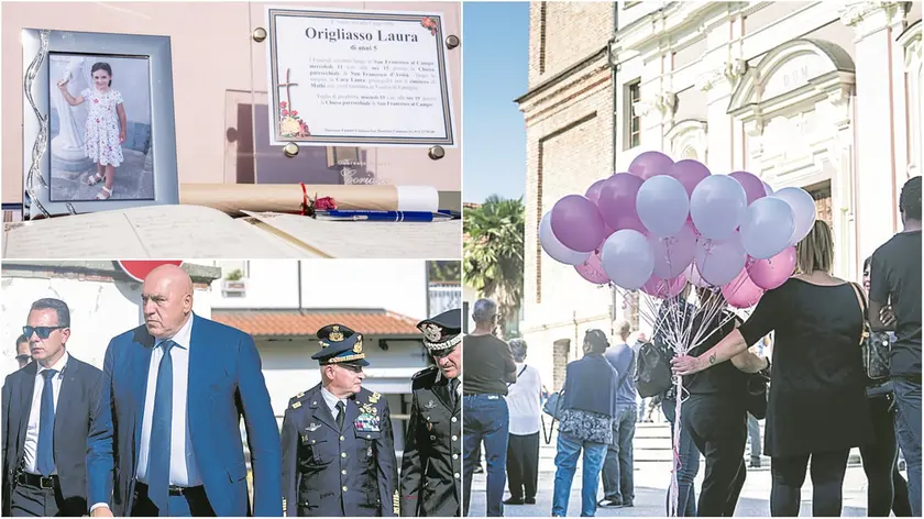 Il ministro Crosetto al funerale della piccola Laura con gli alti ufficiali dell’Aeronautica e dei Carabinieri. Nelle altre foto, i palloncini e il libro delle firme