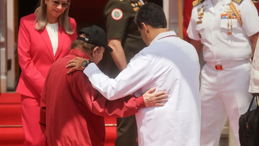 epa11298677 The president of Venezuela Nicolas Maduro (R) receives the president of Nicaragua, Daniel Ortega, who will participate in the ALBA Summit at the Miraflores Palace, in Caracas, Venezuela, 24 April 2024. The XXIII Summit of the Bolivarian Alliance for the Peoples of Our America (ALBA) brings together in Caracas presidents of several bloc countries, among them, the Cuban Miguel Diaz-Canel, the Nicaraguan Daniel Ortega, and the Bolivian Luis Arce, who will meet with their Venezuelan counterpart Nicolas Maduro in a conclave in which they will address issues of common interest. EPA/Miguel Gutierrez