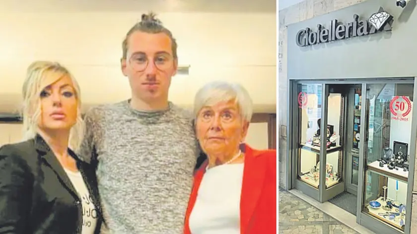 La moglie di Adalberto Szulin, Gianna, (a destra) con la figlia Antonella e il nipote Alessandro; a destra la gioielleria in via del Gelso