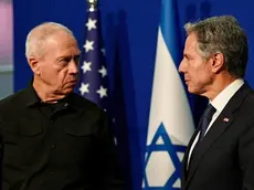 epa10922425 A handout photo made available by Israel's Ministry of Defense shows Israel's Minister of Defense Yoav Gallant (L) and US Secretary of State Antony Blinken (R) during a meeting at the Kirya, which houses the Israeli Ministry of Defense, in Tel Aviv, Israel, 16 October 2023. EPA/Ariel Hermoni HANDOUT HANDOUT EDITORIAL USE ONLY/NO SALES HANDOUT EDITORIAL USE ONLY/NO SALES