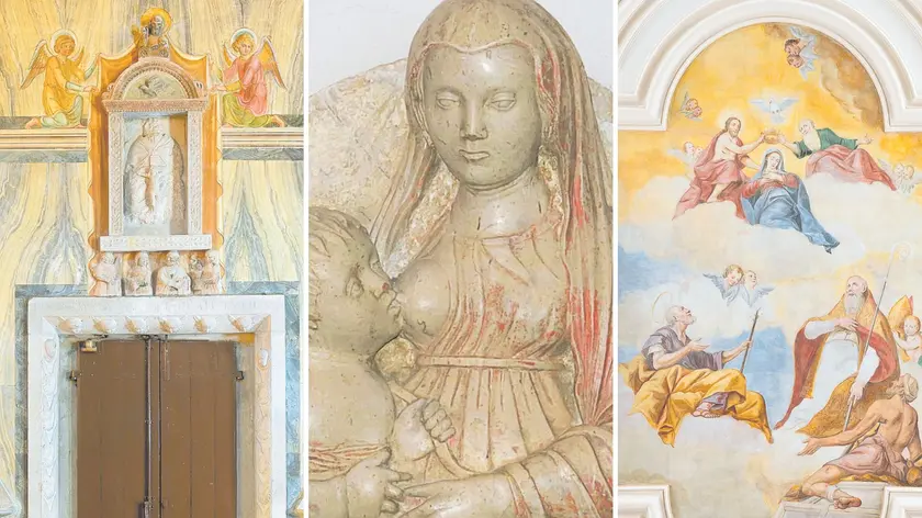 Da sinistra, Edicola e frammenti ricomposti del Pilacorte a Camino, la Madonna del latte del Pilacorte, a Martignacco e un affresco di Giuseppe Buzzi a San Martino a Bertiolo (foto A. Buldrin)