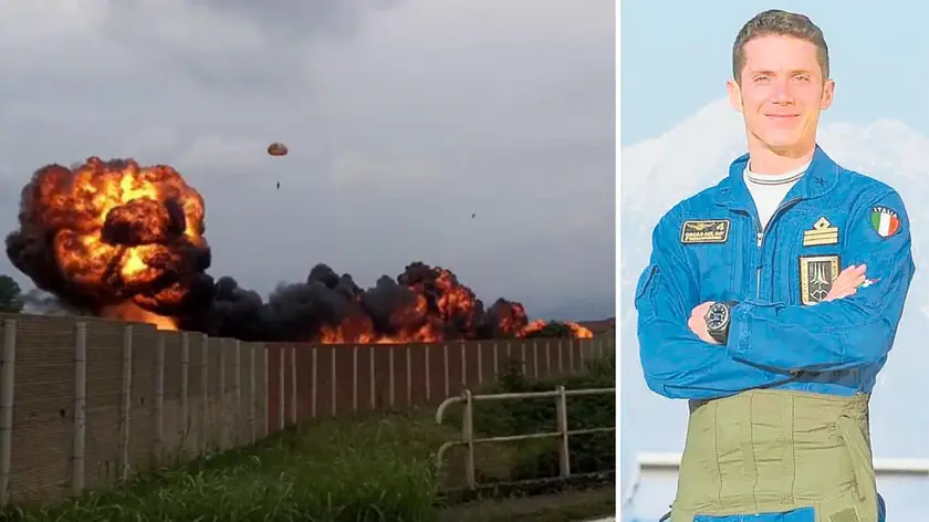 L'esplosione dell'aereo nell'impatto al suolo e il paracadute del pilota che si è salvato lanciandosi pochi istanti prima dello schianto; a destra il maggiore Oscar Del Do'