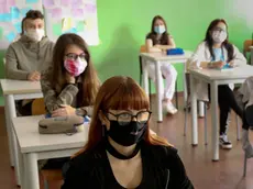 Studenti di nuovo in classe nelle scuole professionali di Padova e provincia per preparare gli esami di qualifica e di diploma. All'Enaip di Conselve (corsi per meccanici e servizi commerciali delle vendite) gli alunni hanno seguito le lezioni con la mascherina, seduti dietro a banchi distanziati, 10 giugno 2020..ANSA/NICOLA FOSSELLA