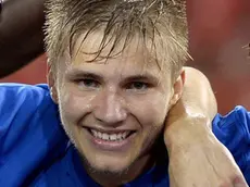 FC Slovan Liberec's Martin Frydek, center, celebrates after scoring against FC Zurich with teammates during their third round second leg Europa League qualifier soccer match in Zurich, Switzerland on Thursday, Aug. 8, 2013. (AP Photo/KEYSTONE, Walter Bieri)