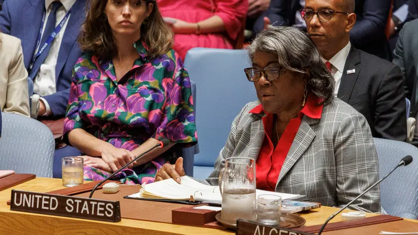 epa11402891 United States Ambassador Linda Thomas-Greenfield speaks during a Security Council meeting at UN Headquarters in New York, New York, USA, 10 June 2024. The council ultimately passed a resolution by the United States that supports a plan presented by US President Joe Biden for a ceasefire in the Israel-Gaza conflict. EPA/SARAH YENESEL