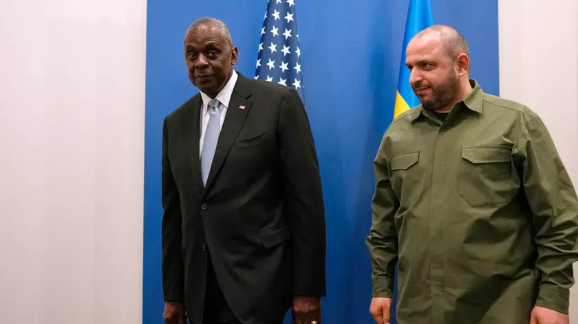 epa11407060 US Secretary of Defense Lloyd Austin (L) poses with Ukraine's Defense Minister Rustem Umerov prior to a bilateral meeting on the sidelines of a NATO defense ministers meeting at the alliance's headquarters in Brussels, Belgium, 13 June 2024. NATO Defence Ministers gather in Brussels on 13 and 14 June 2024, hoping to agree on a new plan to provide long-term security assistance and military training to Ukraine, after Hungary promised not to veto the scheme as long as it's not forced to take part. EPA/Virginia Mayo / POOL