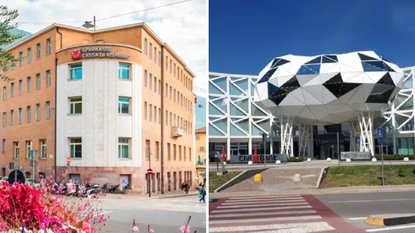 Le sedi dell'altoatesina Sparkasse e, a destra, della friulana CiviBank