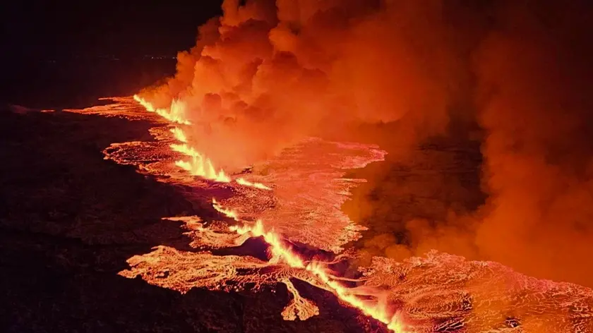 epa11036650 A handout picture provided by Iceland Civil Defense shows a volcanic eruption north of Grindavik, Iceland, 18 December 2023. The Icelandic Meteorological and Seismological Office (MET) reported late 18 December that a volcano erupted about 4 kilometers northeast of the town of Grindavik. An evacuation order for the population of Grindavik was issued early this year on 10 November 2023 following seismic activity and indications of considerable magma movement in the area. EPA/Iceland Civil Defense (almannavarnadeild) / HANDOUT HANDOUT EDITORIAL USE ONLY/NO SALES HANDOUT EDITORIAL USE ONLY/NO SALES