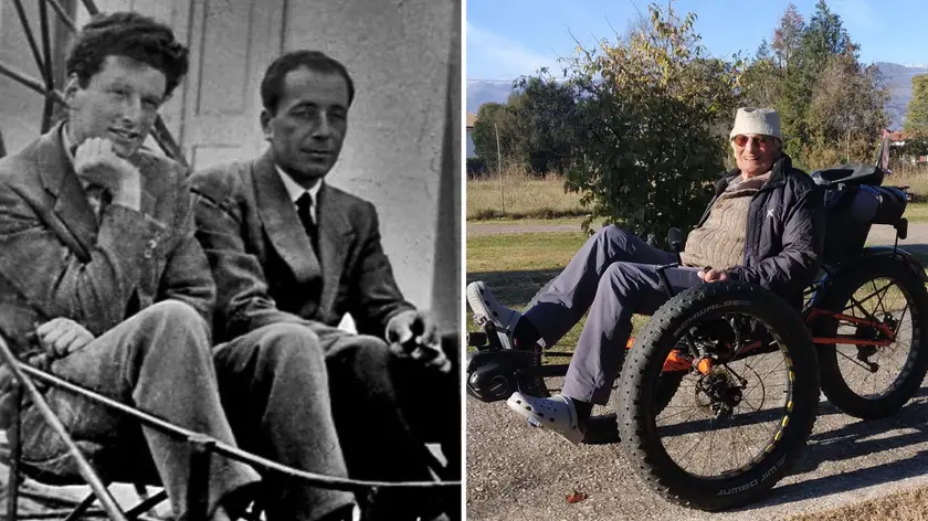 Tassotti e Lualdi ad Anduins a bordo del prototipo E.S.53; a destra Tassotti oggi, a bordo della sua fat-trike assistita