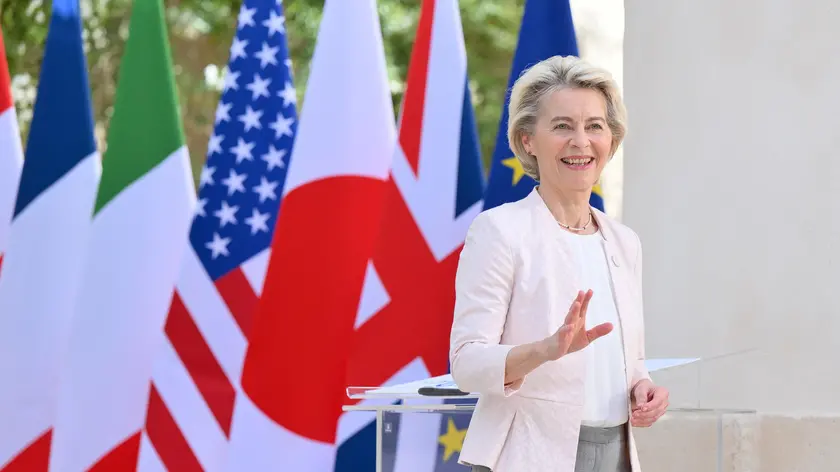 European Commission President Ursula von der Leyen during the welcome ceremony during the G7 Borgo Egnazia Summit in Borgo Egnazia (Brindisi), southern Italy, 13 June 2024. The G7 Borgo Egnazia Summit will be held from 13 to 15 June 2024. ANSA/ETTORE FERRARI