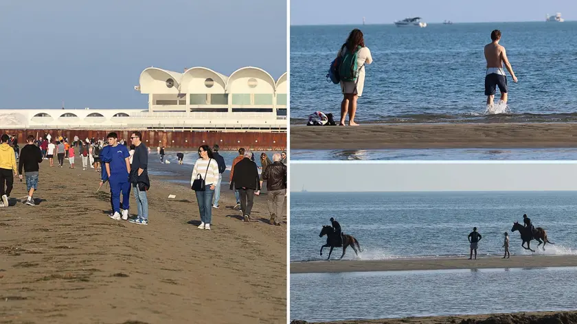 Tre immagini dei turisti che hanno trascorso il primo novembre al mare a Lignano (foto Petrussi)