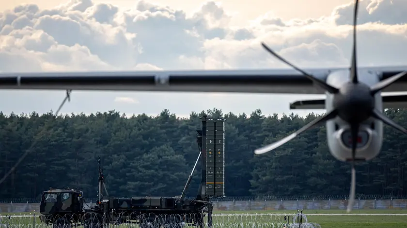 epa10580448 The SAMP/T Mamba air defence system is placed on site during a welcome ceremony for Slovakia's President Caputova and Italian President Mattarella (not pictured) at the military base in Kuchyna, where Italian soldiers are operating as part of the Alliance presence, near Malacky, Slovakia, 19 April 2023. The Italian head of state is on a two-day visit to Slovakia. Italian soldiers deployed the SAMP/T Mamba air defense system in March 2023 to strengthen Slovakia's air defense on the Eastern NATO border. EPA/MARTIN DIVISEK