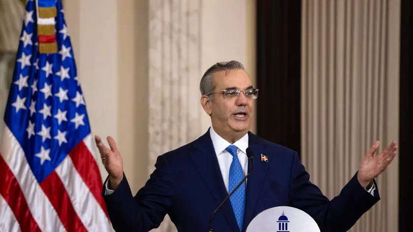 epa11520558 Dominican President Luis Abinader speaks during the signing of the Open Skies agreement in Santo Domingo, Dominican Republic, 02 August 2024. The Dominican Republic and the United States signed the Open Skies agreement aimed at improving air travel between the two countries, which, after more than 25 years of negotiations, will allow greater connectivity, with more flights and more competitive prices. EPA/ORLANDO BARRIA