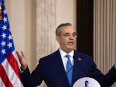 epa11520558 Dominican President Luis Abinader speaks during the signing of the Open Skies agreement in Santo Domingo, Dominican Republic, 02 August 2024. The Dominican Republic and the United States signed the Open Skies agreement aimed at improving air travel between the two countries, which, after more than 25 years of negotiations, will allow greater connectivity, with more flights and more competitive prices. EPA/ORLANDO BARRIA