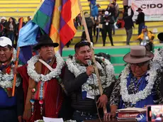epa11320834 The new president of the Movimiento Al Solicialismo (Movement for Socialism), MAS, Grover Garcia, speaks after his election in the tenth congress of the MAS in El Alto, Bolivia, 05 May 2024. The former president of Bolivia, Evo Morales (2996-2019), was excluded from the new direction of the MAS, which was outlined in a congress impulse for the followers of the actual president, Luis Arce. EPA/LUIS GANDARILLAS