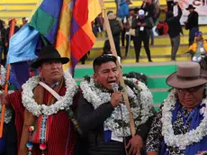 epa11320834 The new president of the Movimiento Al Solicialismo (Movement for Socialism), MAS, Grover Garcia, speaks after his election in the tenth congress of the MAS in El Alto, Bolivia, 05 May 2024. The former president of Bolivia, Evo Morales (2996-2019), was excluded from the new direction of the MAS, which was outlined in a congress impulse for the followers of the actual president, Luis Arce. EPA/LUIS GANDARILLAS
