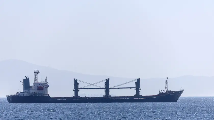 epa10880604 Palau-flagged bulk carrier Aroyat anchored on Marmara Sea for inspection in Istanbul, Turkey, 24 September 2023. Two months after Russia left the grain deal, a second wheat-loaded ship from Ukraine arrived in Turkey. The ship Aroyat reached Istanbul's Marmara Sea via the southern Bosphorus exit on Sunday morning carrying 17,600 tons of wheat bound for Egypt. EPA/ERDEM SAHIN