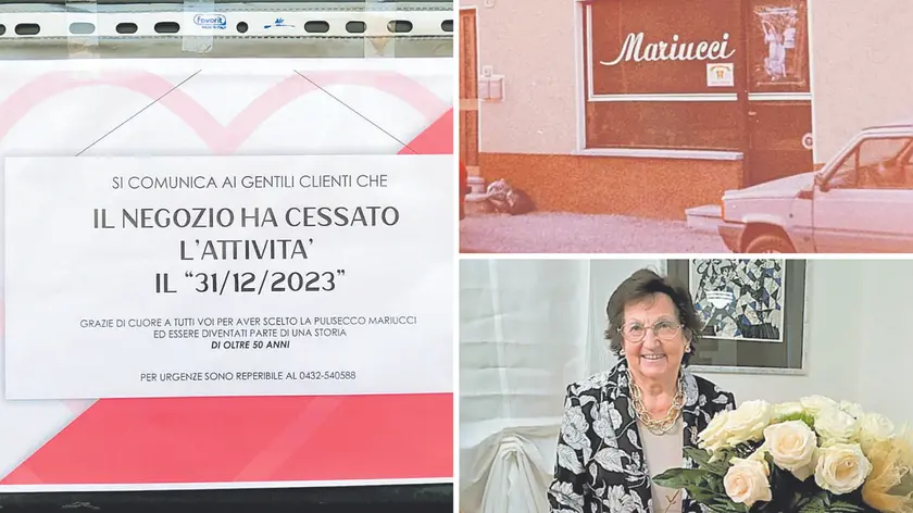 L’avviso di cessata attività sulla serranda della lavasecco. A destra il negozio in uno scatto degli anni ’50 e Maria Pizzecco circondata dai fiori
