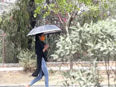 epa09957281 A woman walks with her umbrella to avoid the heatwave during a hot afternoon on the outskirts of New Delhi, India, 19 May 2022. According to the India Meteorological Department (IMD), Delhi and National Capital Region's temperature is expected to exceed 43 degrees Celsius amid a heat wave which is continuing with its fresh spell. EPA/HARISH TYAGI