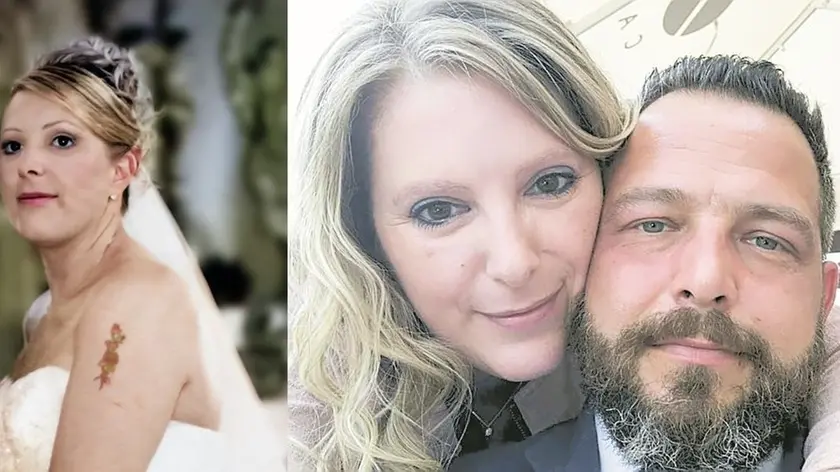 A sinistra, Mara Zanini nel giorno del matrimonio e, a destra, assieme al marito Simone Marcis